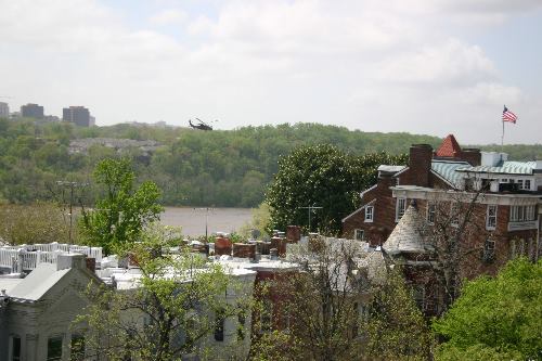 Marine One flying upriver past Georgetown